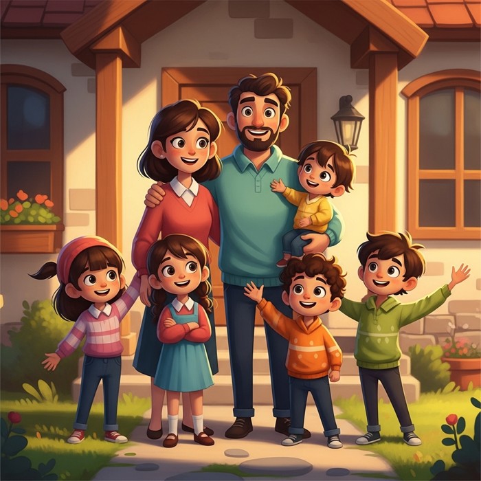 A cheerful cartoon family with a mother, father, and five children of different ages standing together outside their home, all smiling.