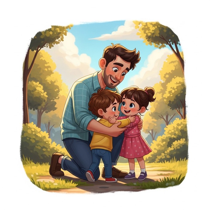 A smiling cartoon father kneeling down and hugging two young children in a sunny park.