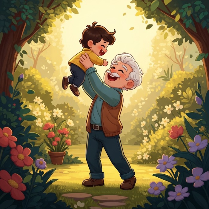 A kindly cartoon grandfather with white hair lifting a small grandchild up in the air, both laughing outdoors in a garden.