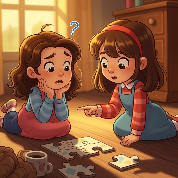 A cartoon girl looking confused at a puzzle while her sister points helpfully at a piece, both sitting on the floor together.