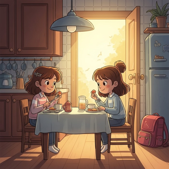 Two cartoon girls sitting at a kitchen table eating breakfast together, school backpacks visible near the door, cheerful morning light.