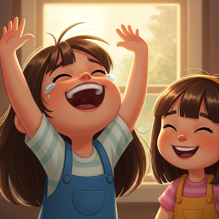 A cartoon girl laughing with her head thrown back and tears of joy in her eyes, her sister grinning beside her.
