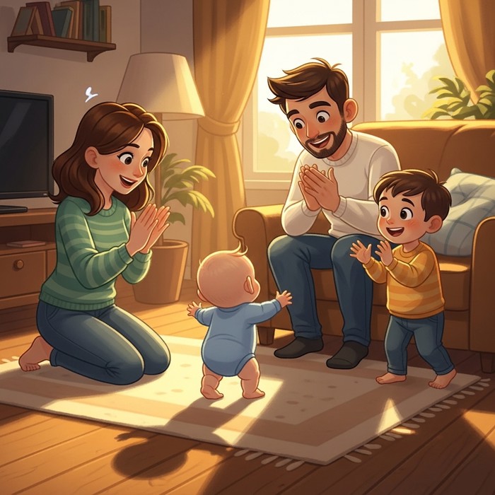 A cartoon family — mother, father, and older sibling — sitting in a cozy living room, all clapping and smiling as the baby walks toward them.