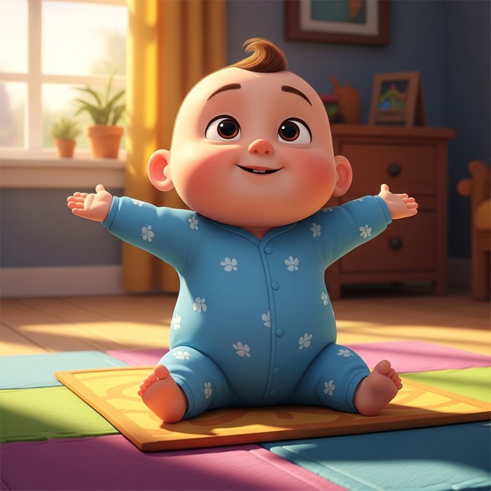 A round-faced cartoon baby sitting upright on a colorful play mat, arms out to the sides for balance, looking proud.