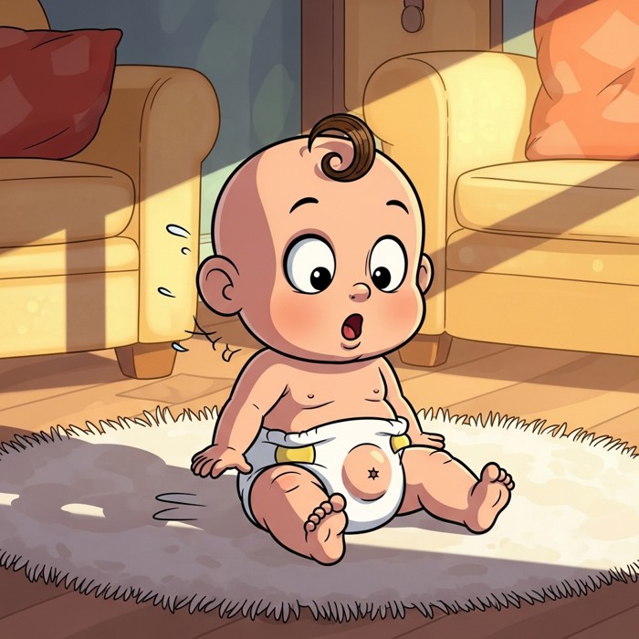A cartoon baby sitting on a soft rug after a tumble, looking surprised but unhurt, a small bump on its diaper.