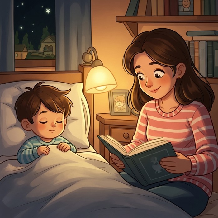 A cartoon child peacefully closing their eyes in bed, a mother sitting beside them holding an open storybook, soft night-light glowing warmly.