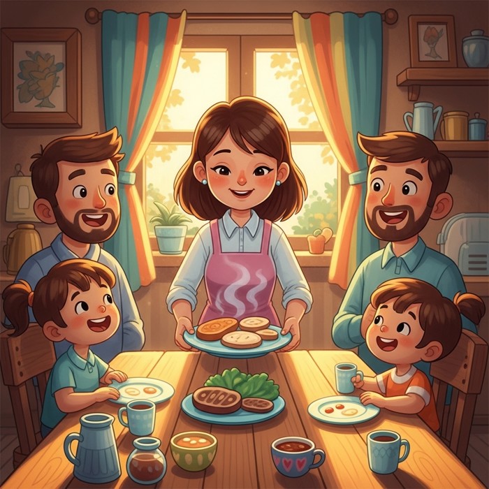 A cartoon mother placing a plate of warm, steaming food on a cheerful breakfast table, family members smiling around her.