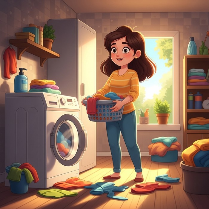 A cartoon mother standing at a washing machine with a laundry basket, colorful clothes around her, bright and tidy home in the background.