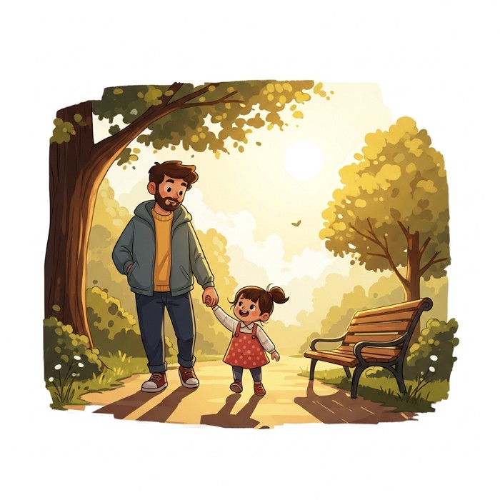 A simple cartoon illustration of a small family — one parent and one child — holding hands and walking together in a park on a sunny afternoon.