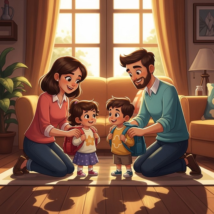 A cartoon mother and father kneeling beside two small children, helping them with their backpacks, smiling warmly in a sunny living room.