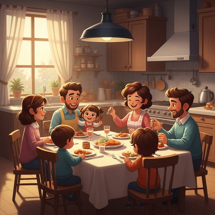 A cheerful cartoon family of six seated around a big dinner table, sharing food and laughing in a bright kitchen.