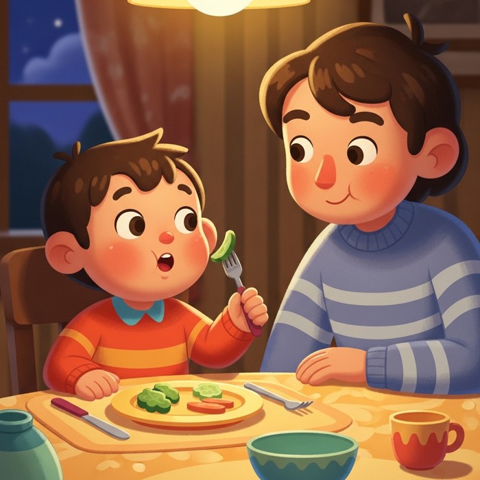 A cartoon child trying a new vegetable at the dinner table, looking curious and pleased, with a parent encouraging nearby.