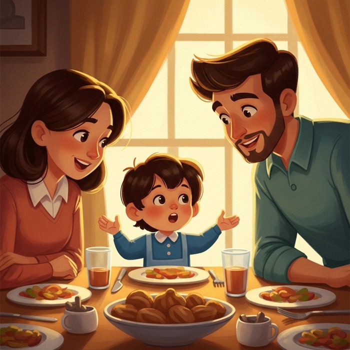 A cartoon child speaking at the dinner table while parents lean in attentively, showing warm expressions of interest.