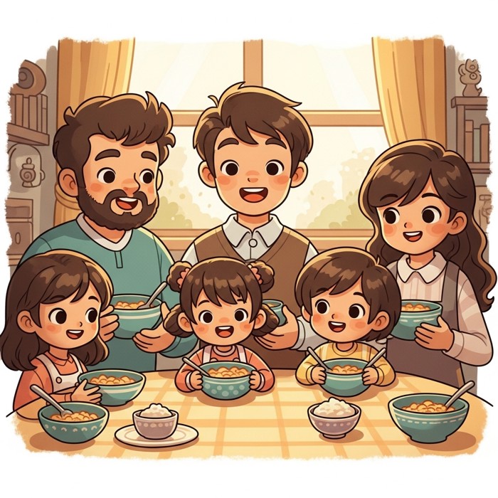 A cartoon family with matching bowls of food in front of each person, everyone looking happy and content at the table.