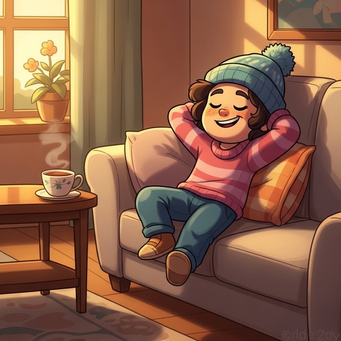 A cartoon person lying back on a soft sofa with eyes half-closed and a big smile, a cup of tea on the side table, cozy living room.