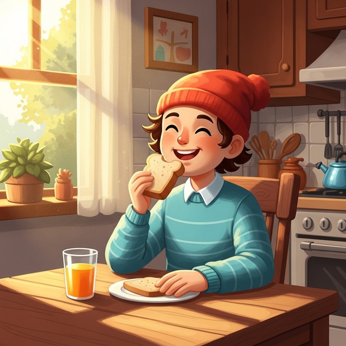 A happy cartoon person sitting at a wooden table eating toast and drinking orange juice, sunny kitchen, warm morning light.