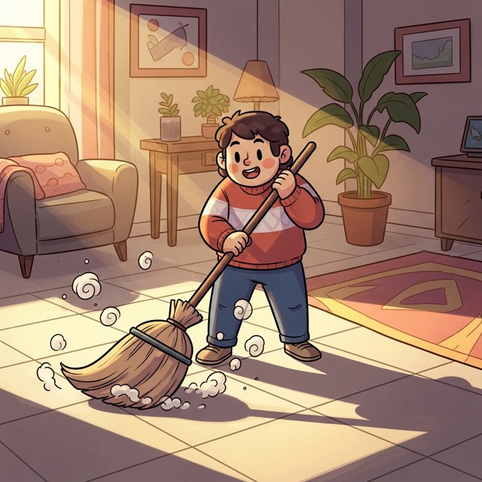A cheerful cartoon person sweeping a tiled floor with a big broom, small dust clouds rising, bright living room background.