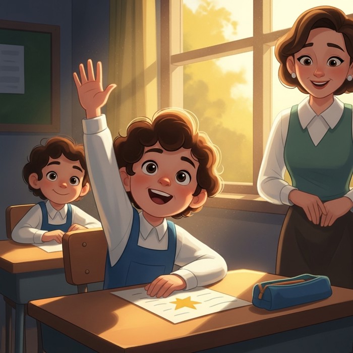 A happy student sitting at a classroom desk, hand raised high, a gold star on their paper, a sunny window and a friendly teacher in the background.