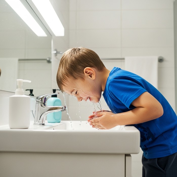 A happy child leaning over a white bathroom sink, splashing cold water on their face, water droplets flying, a bright bathroom light above.