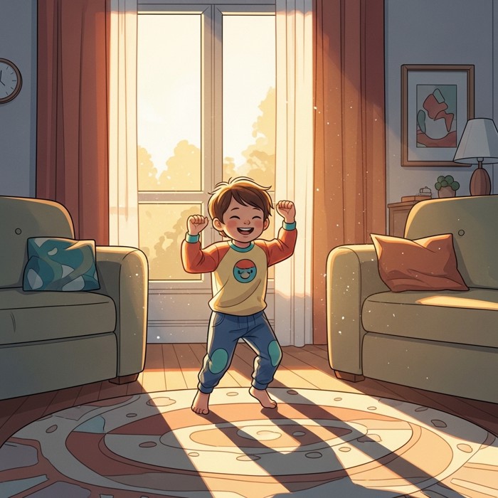 A young child in comfortable clothes doing jumping jacks in a sunny living room, a big smile on their face, morning light coming through the window.