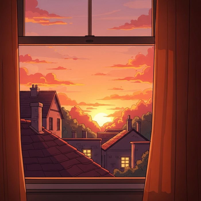 A warm sunset view from a window, orange and pink sky over rooftops, everything glowing softly, a calm and dreamy mood.