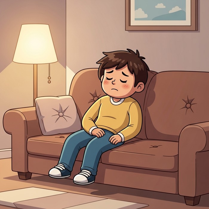A tired but happy cartoon person sinking into a big soft sofa, eyes gently closed, a small smile on their face, soft lamp light in the background.