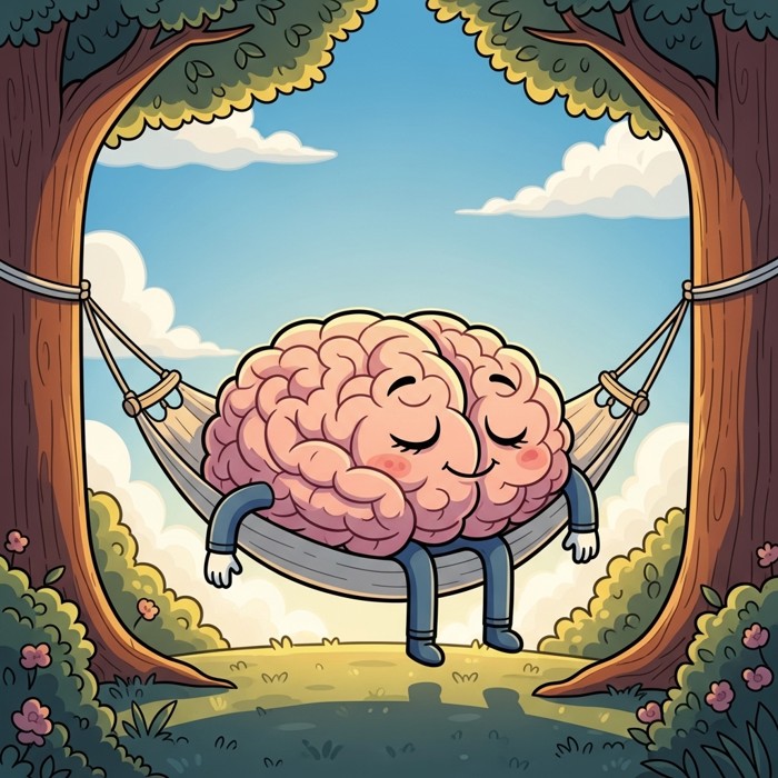 A friendly cartoon brain sitting in a hammock between two trees, eyes closed, relaxing peacefully under a clear blue sky.