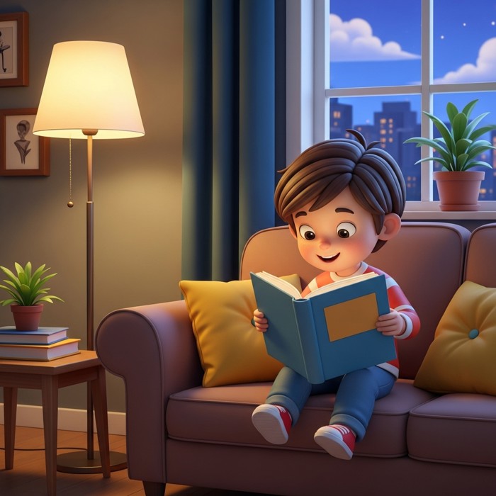 A cartoon child sitting on a cozy sofa reading a colorful book, with a warm lamp glowing beside them in the evening.