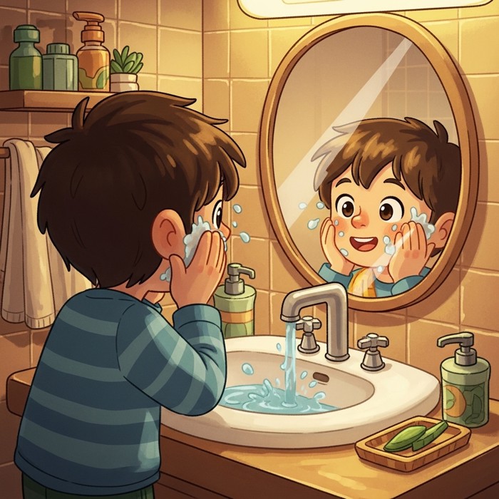 A cartoon child washing their face at a sink with running water, looking into a mirror and smiling.