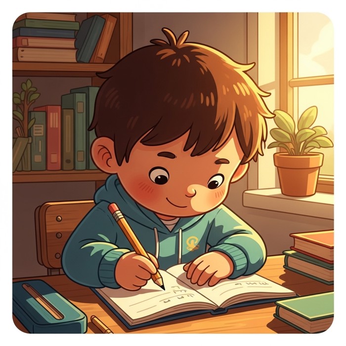 A cartoon child sitting at a school desk, writing in a notebook with a pencil, looking focused and proud.