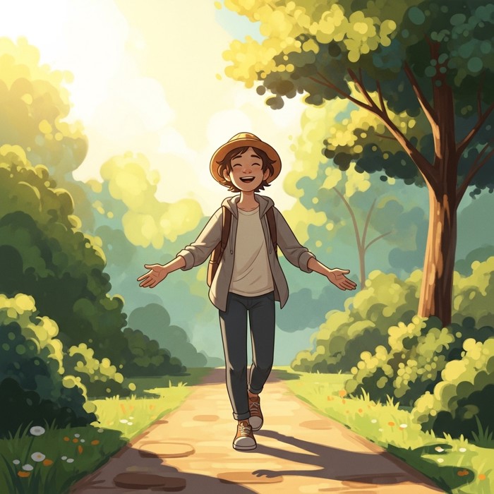 A happy person finishing a short walk, arms slightly open, smiling brightly in a sunny park, looking refreshed and energetic.