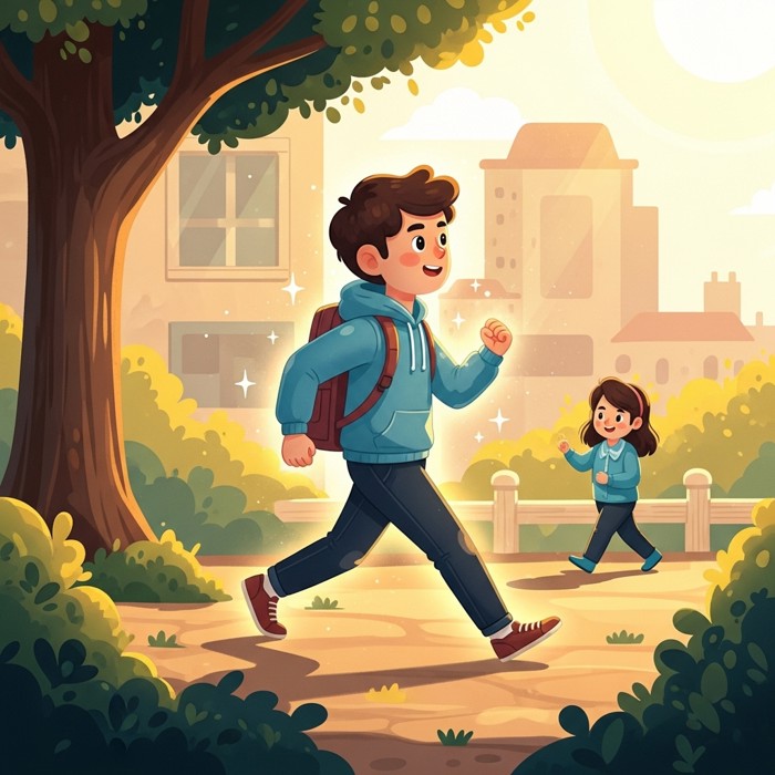 A cartoon person walking briskly with a glowing, healthy body, small sparkles around them, set in a bright outdoor scene.