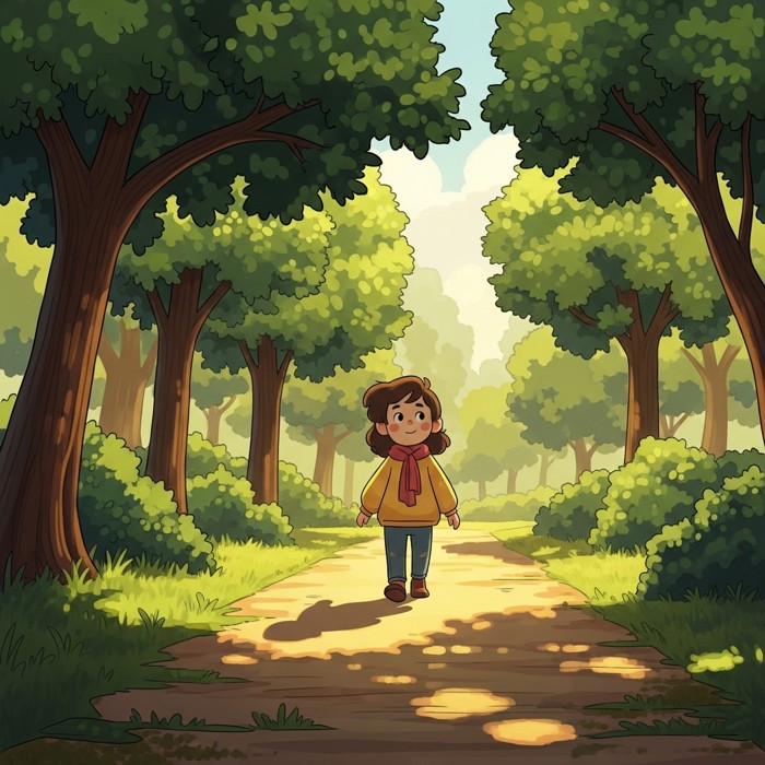 A single person walking peacefully along a quiet park path surrounded by green trees, looking calm and content.