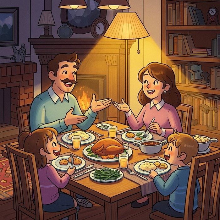 A cartoon family of four sitting around a dinner table with plates of food, laughing and talking together in a cozy lit dining room.