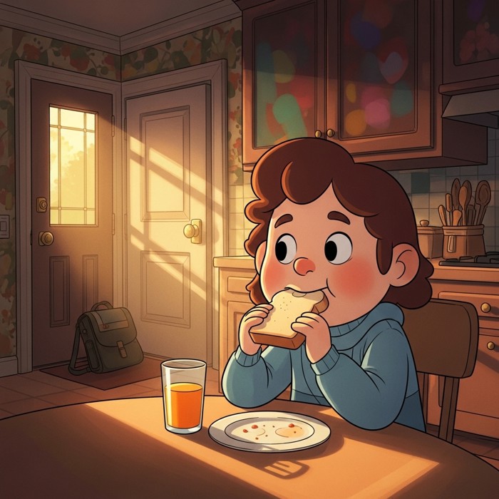 A cartoon person sitting at a kitchen table eating toast and drinking orange juice, with a bag ready by the door and morning light outside.