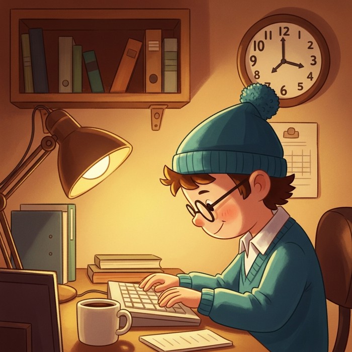 A cartoon office worker typing at a desk with a clock on the wall showing nine o'clock, coffee mug beside the keyboard, busy and focused expression.