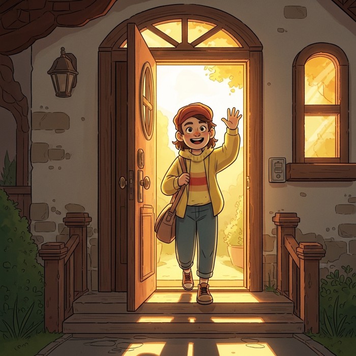 A cartoon person stepping out of a front door into bright morning sunlight, bag over one shoulder, smiling and waving goodbye to the house.