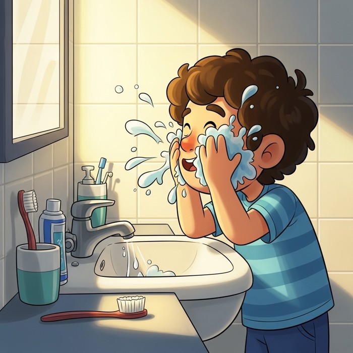 A cartoon person standing at a sink, washing their face with water splashing, a toothbrush and toothpaste on the counter, bright bathroom tiles in the background.