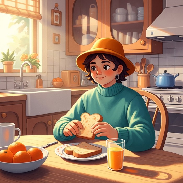 A cartoon person sitting at a bright kitchen table, eating toast and drinking orange juice, with sunshine coming through a window.