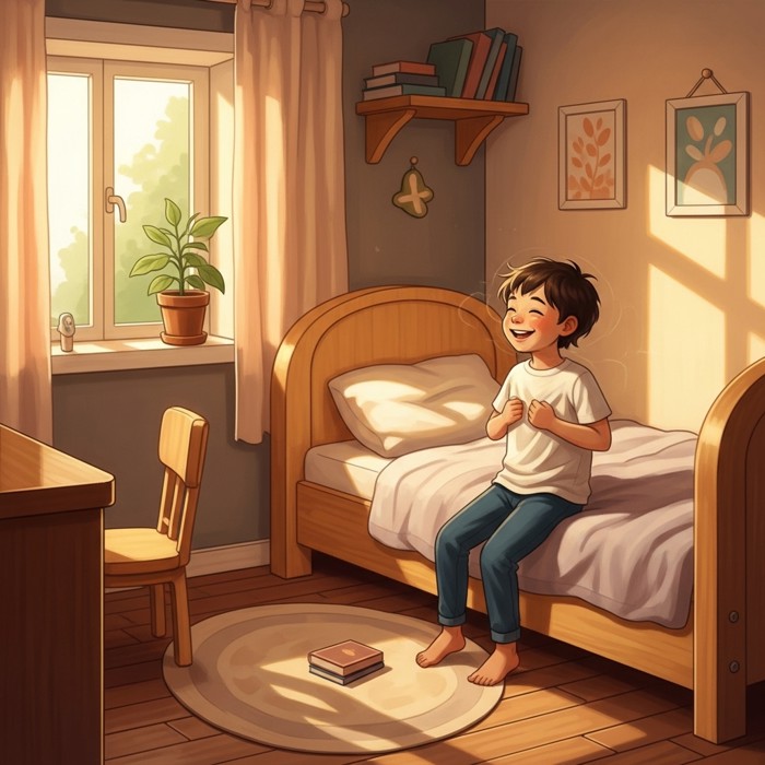 A tidy bedroom glowing with warm light, a small potted plant on the windowsill, and a child taking a deep breath with a big smile.