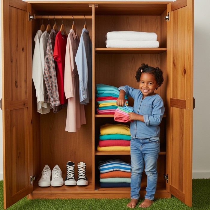 A child neatly folding and placing colorful clothes inside a wooden closet, smiling with satisfaction.
