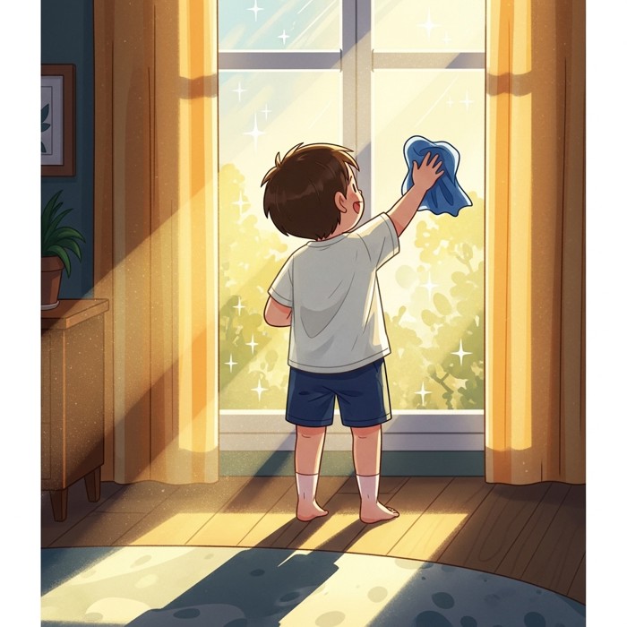 A child standing on tiptoe, wiping a sparkling window with a blue cloth, letting sunlight pour into the room.
