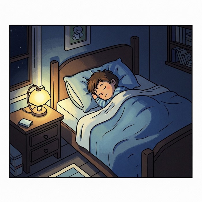 A child sleeping peacefully in a bed with soft blue blankets, a night-light glowing gently on the bedside table, and a calm, dark room around them.