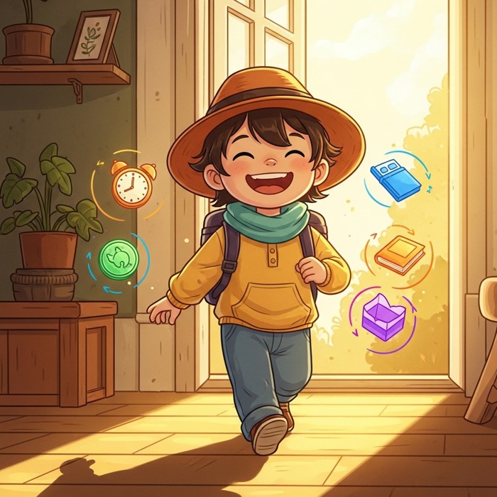 A happy cartoon child walking through the day with a big smile, with small icons of a clock, a book, and a bed floating around them in a colorful circle.