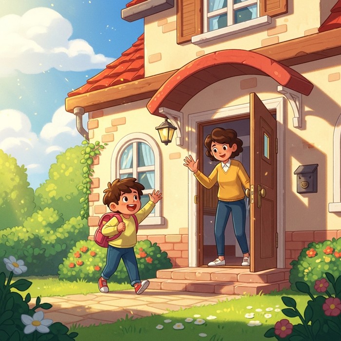 A child with a backpack walking out the front door of a house on a sunny morning, waving goodbye to a parent standing in the doorway.