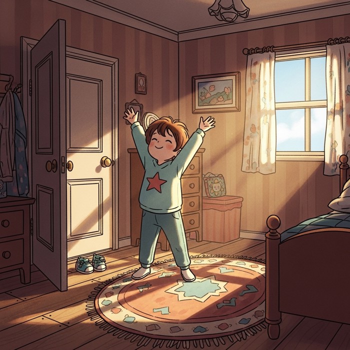 A child stretching their arms up high in a cozy bedroom, sunlight on the floor, a pair of shoes by the door ready for a walk.
