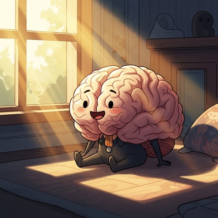 A cartoon brain with a happy face sitting near a sunny window, rays of yellow light shining on it, looking alert and awake.