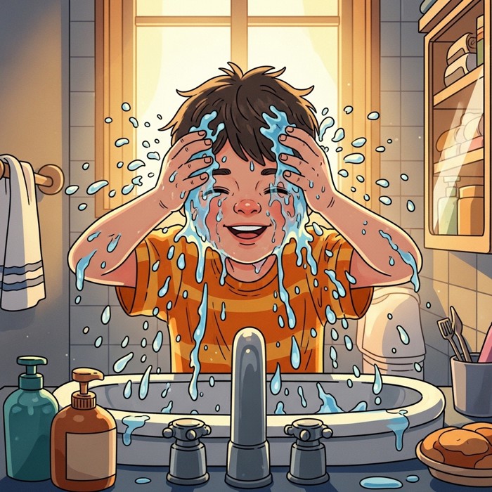 A happy child splashing cold water on their face over a bathroom sink, droplets flying, looking refreshed and awake.