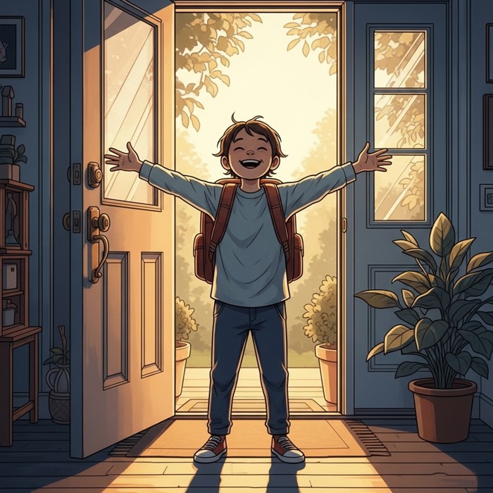 A smiling cartoon child standing tall with arms open wide, backpack on, sunlight streaming through an open front door.