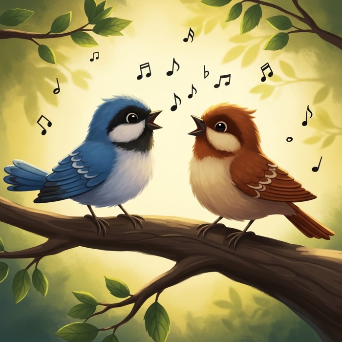 Two small colorful birds sitting on a branch and singing, with musical notes floating in the fresh morning air.